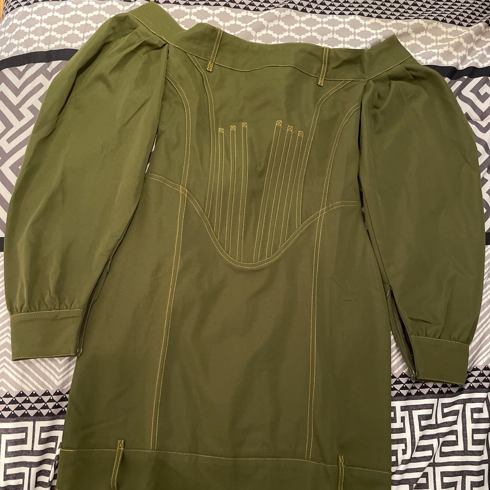 Missguided khaki corset Bardot puff sleeve mini dress, US 6- UK 10